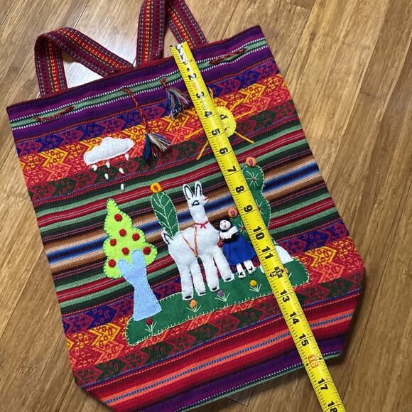 Peruvian Handwoven Tapestry Alpaca Wool Drawstring Large Colorful Backpack 16” - Picture 7 of 13